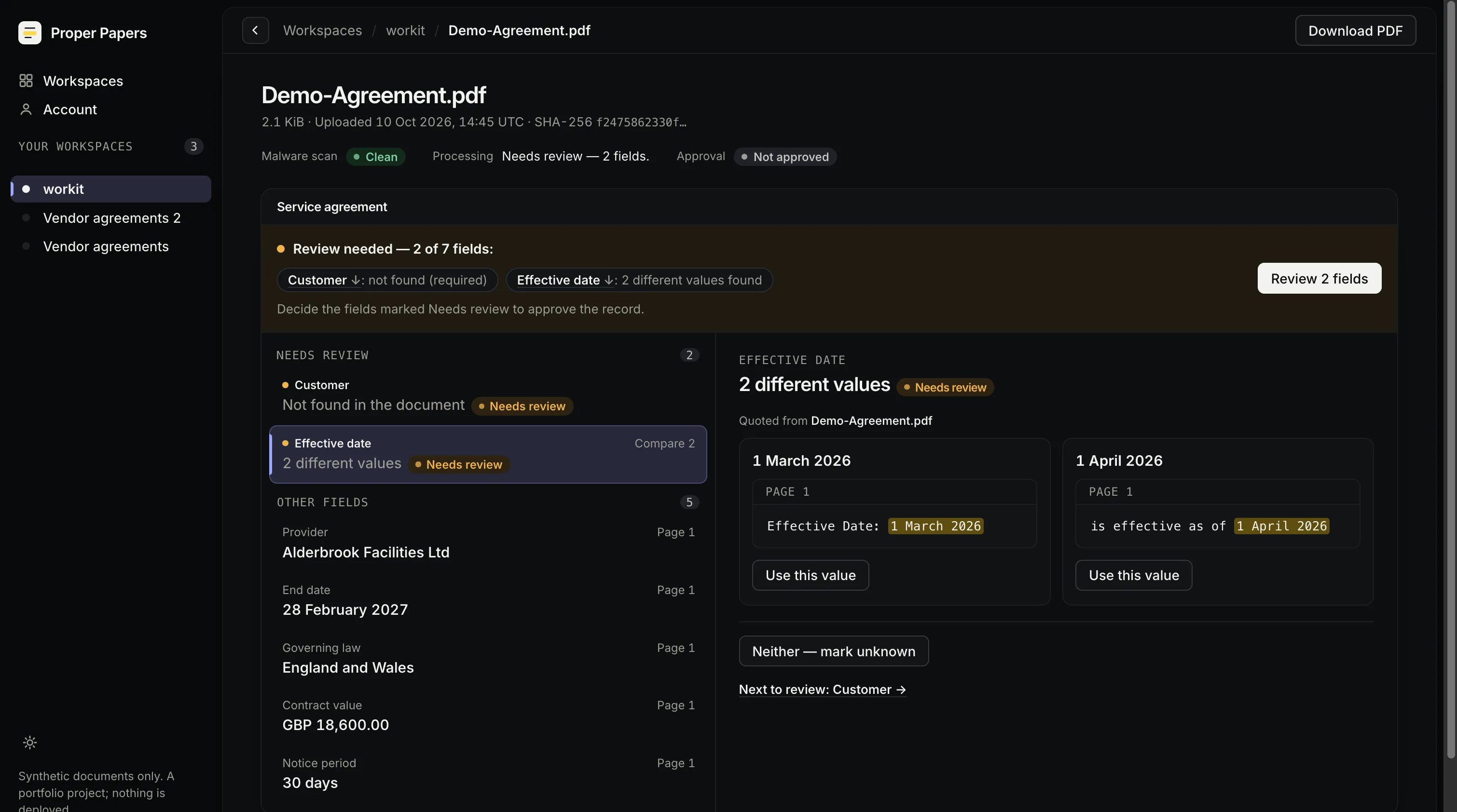 Review screen: two conflicting effective dates, 1 March 2026 and 1 April 2026, each with its quoted source text highlighted, and buttons to use one value or mark it unknown. Synthetic document.