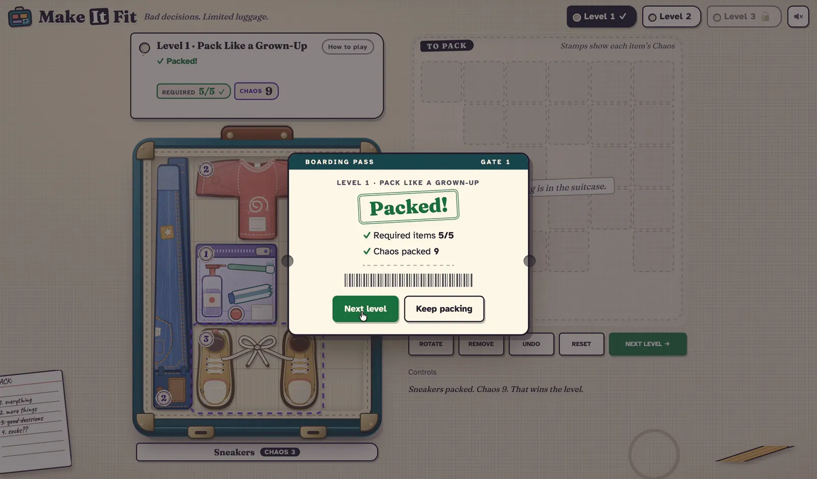 Make It Fit level 1 solved: a boarding-pass dialog reading Packed, with required items 5 of 5 and Chaos 9, over a teal suitcase holding jeans, a T-shirt, toiletries and sneakers.