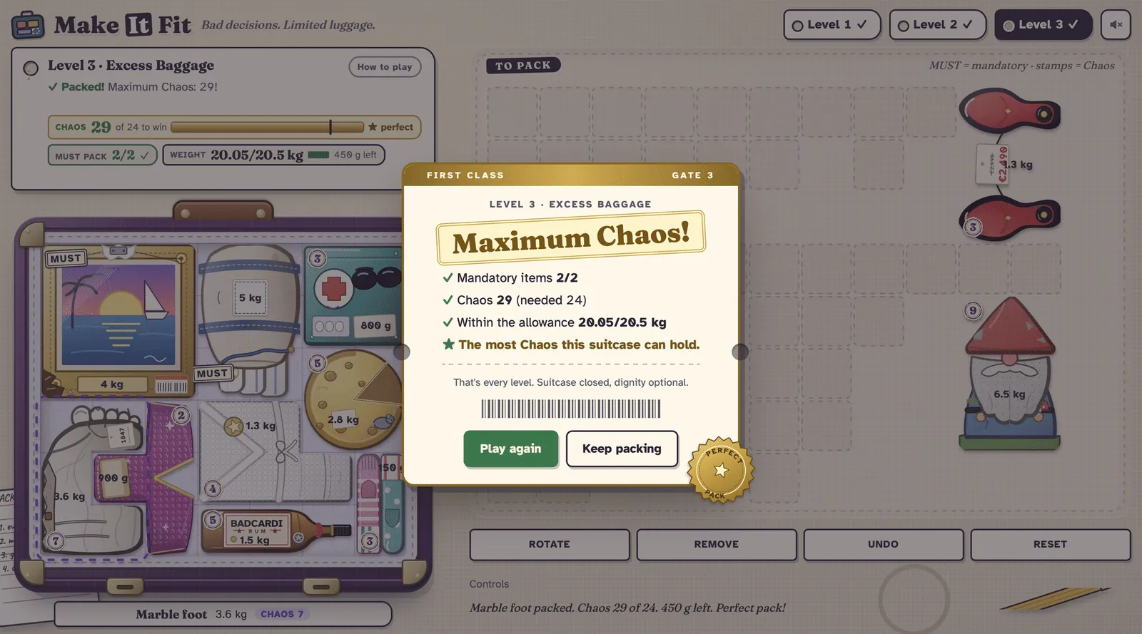 Make It Fit, level 3: a full purple suitcase of illustrated belongings under a Maximum Chaos dialog, with the Chaos score and weight allowance shown above it.