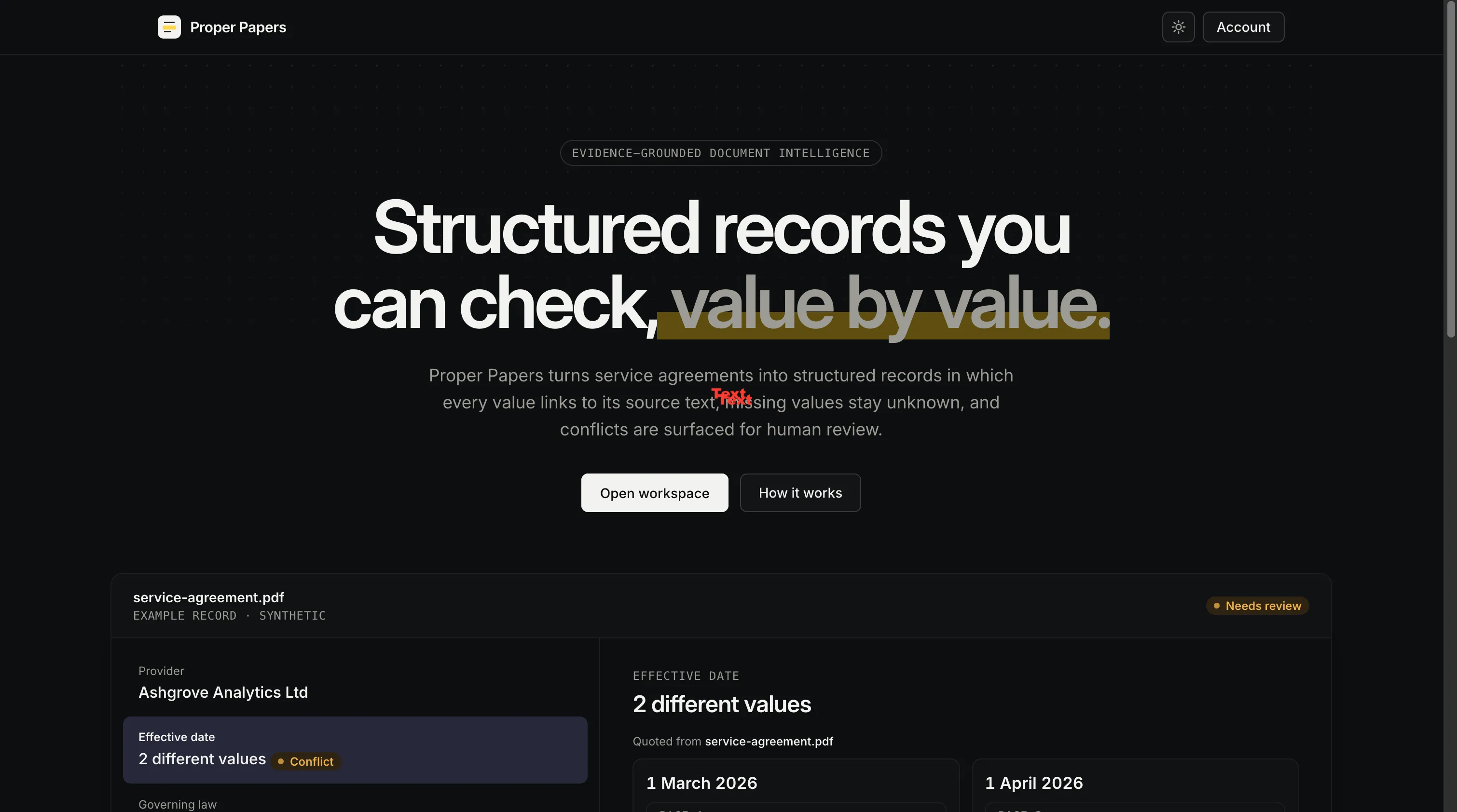 Proper Papers landing page with an example record showing a conflict. Synthetic document.